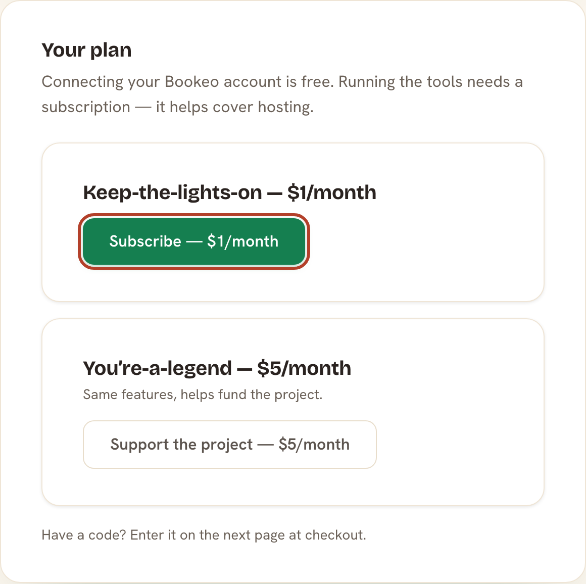 The billing page — pick $1 or $5 a month and click Subscribe (highlighted).