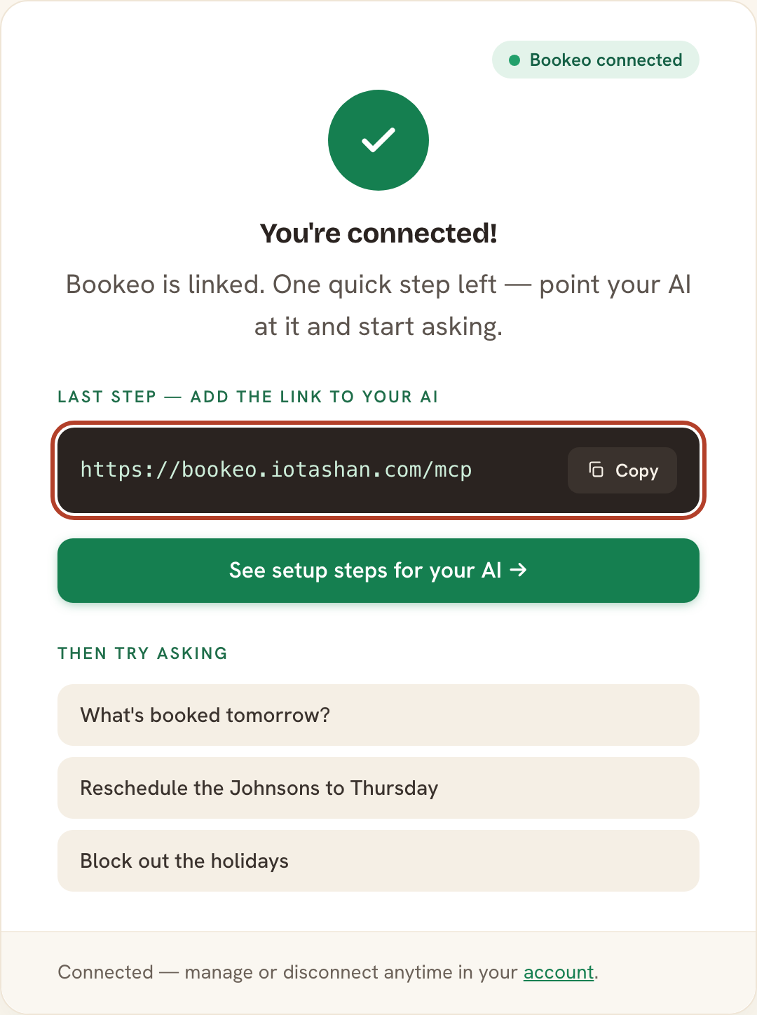 After connecting, copy your connection address (highlighted) into your AI app.
